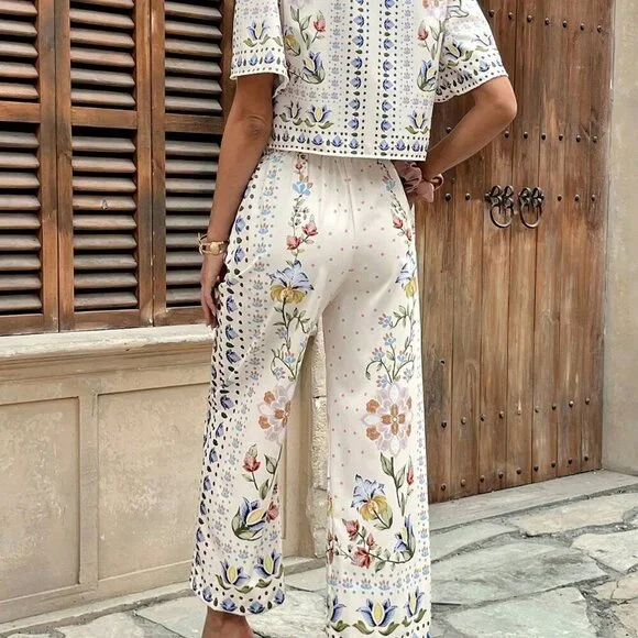 Apricot Boho Women's Casual Vacation Printed Short Sleeve Top & Wide Leg Pants